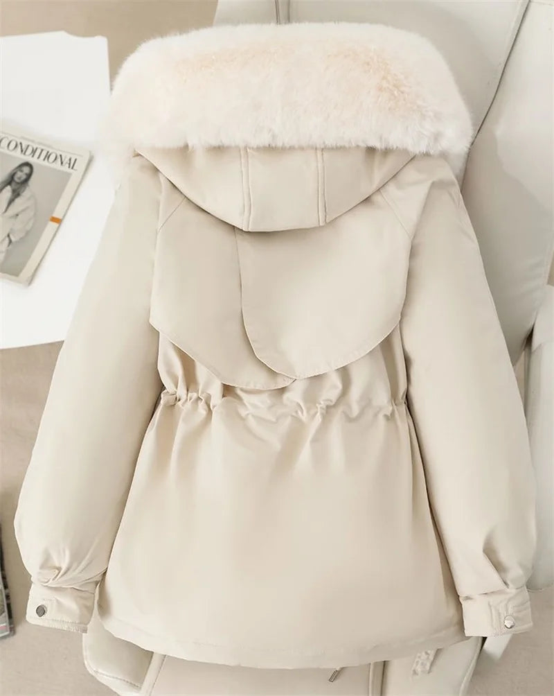Fleece Lined Hood Down Jacket Winter Coat for Women Warm Drawstring Padded Parkas Korean Casual Streetwear Female Puffer Outwear