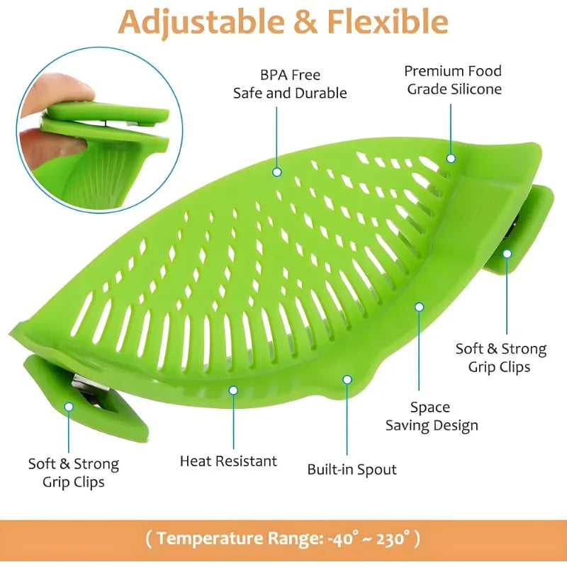 Pasta Fruit Vegetable Colander Silicone Clip-on Pan Pot Strainer Universal Heat Resistant Pasta Pot Strainer Kitchen Gadgets