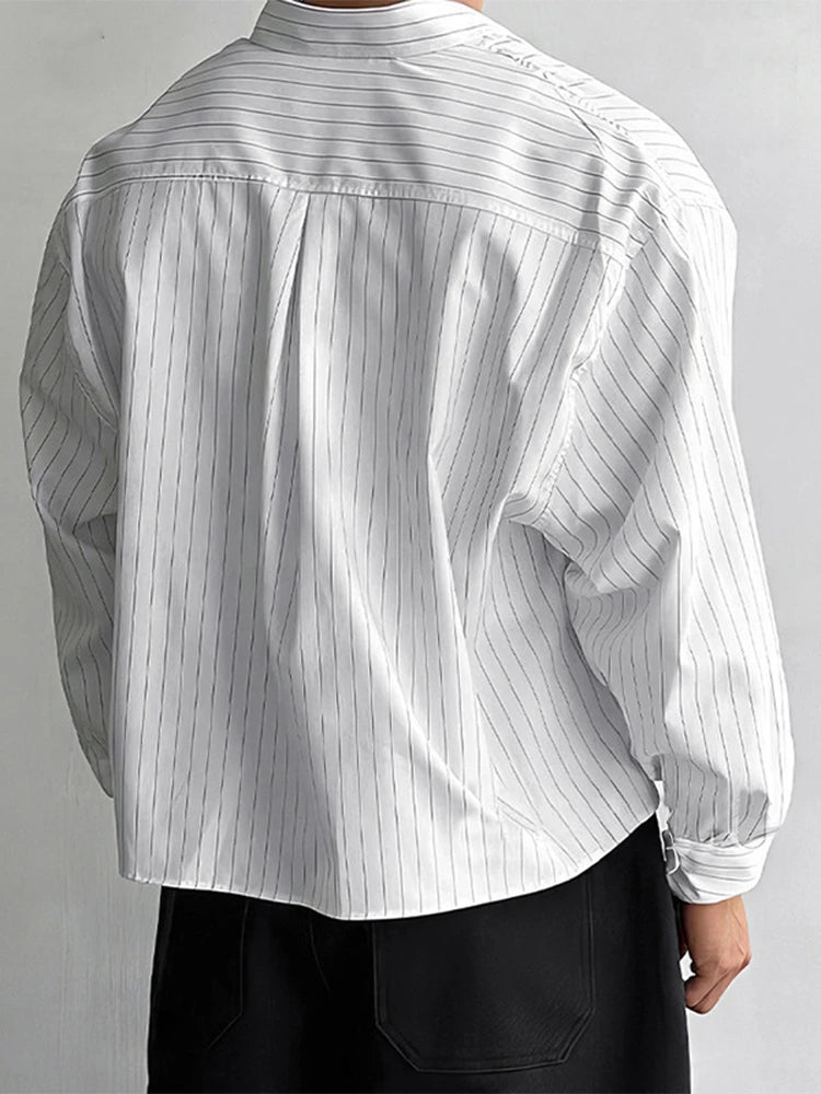 Trendy Long Sleeve Crop Shirts For Men's Spring Autumn Outdoor Casual Striped Printing Shirt Men Clothes Vintage Lapel Cardigan