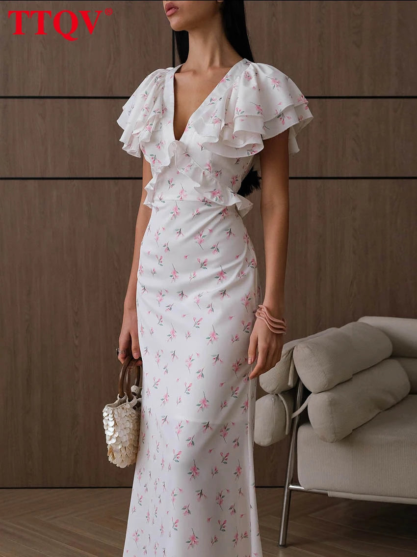 TTQV Sexy Loose Print Women's Dress 2026 Summer V-Neck Short Sleeve Ankle Length Dresses Elegant Classic Ruffles Female Dress
