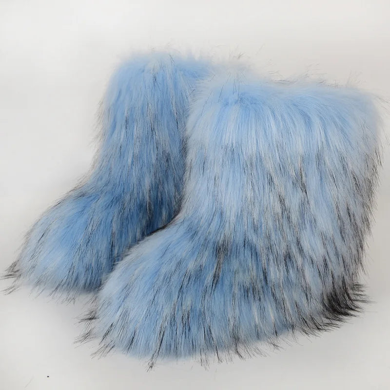 Women's Winter Snow Boots Outdoor Luxury Furry Faux Fox Fur Boots Woman Plush Warm Platform Shoes New Fashion Bottes Big Size 46