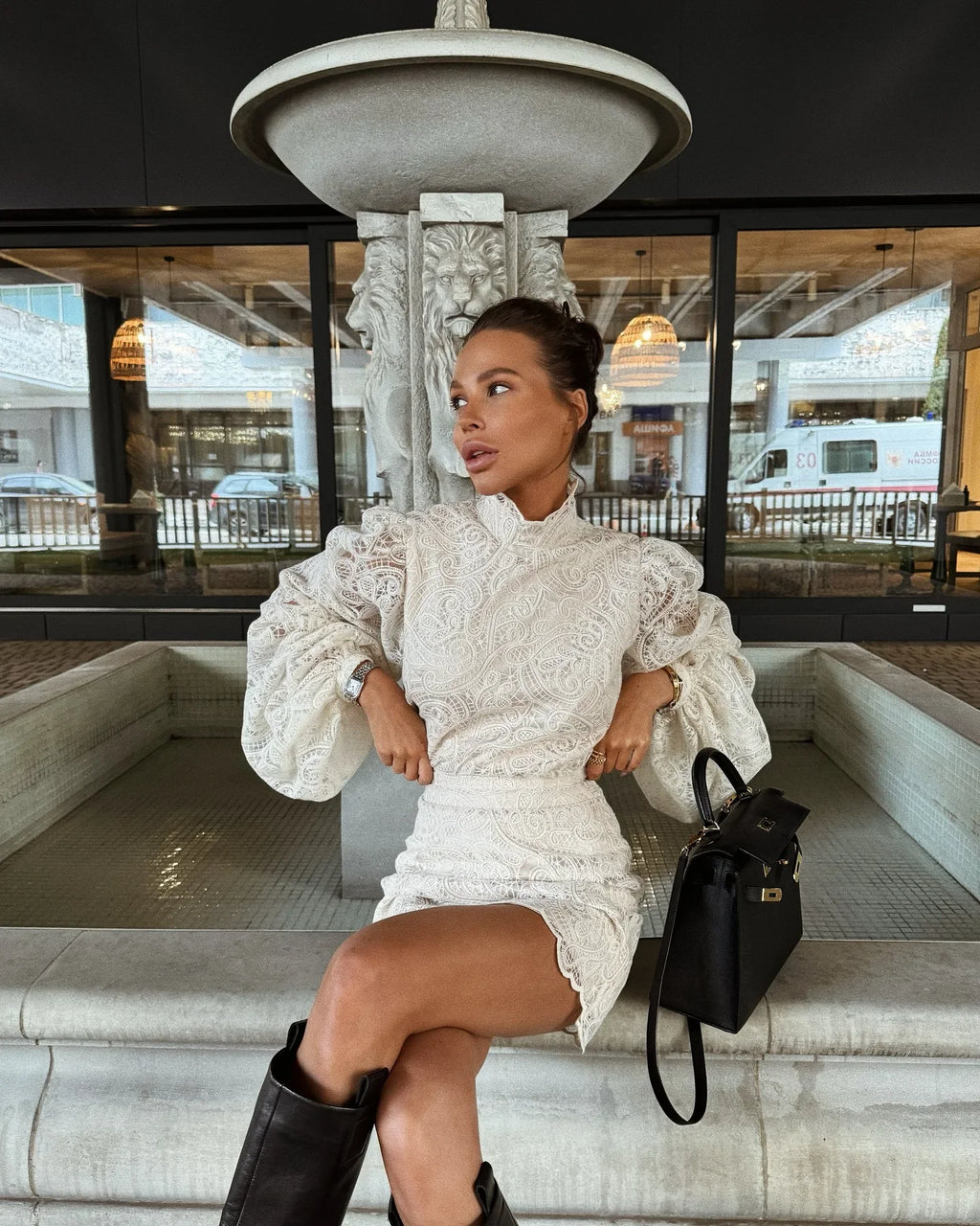 Women Solid Hollow Out Lace Mini Dress High Collar Flare Long Sleeves Short Vestidos Chic Lady Elegant Night Party Club Gowns
