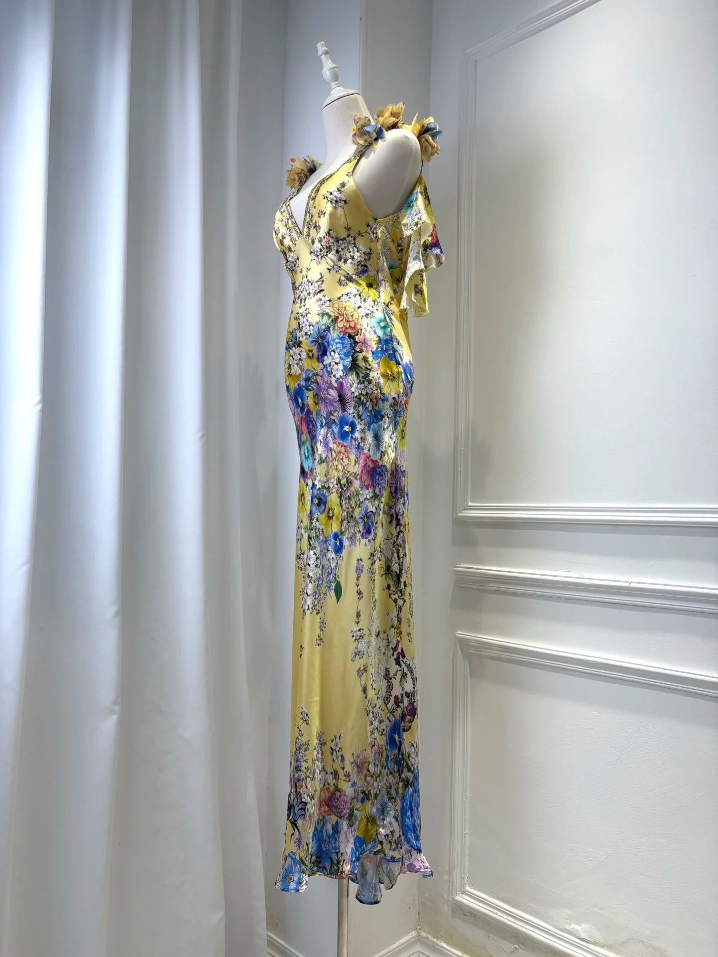 100% Silk Women Floral Print Sling Robe V-Neck Sleeveless High Waist Elegant Slim Yellow Maxi Dress