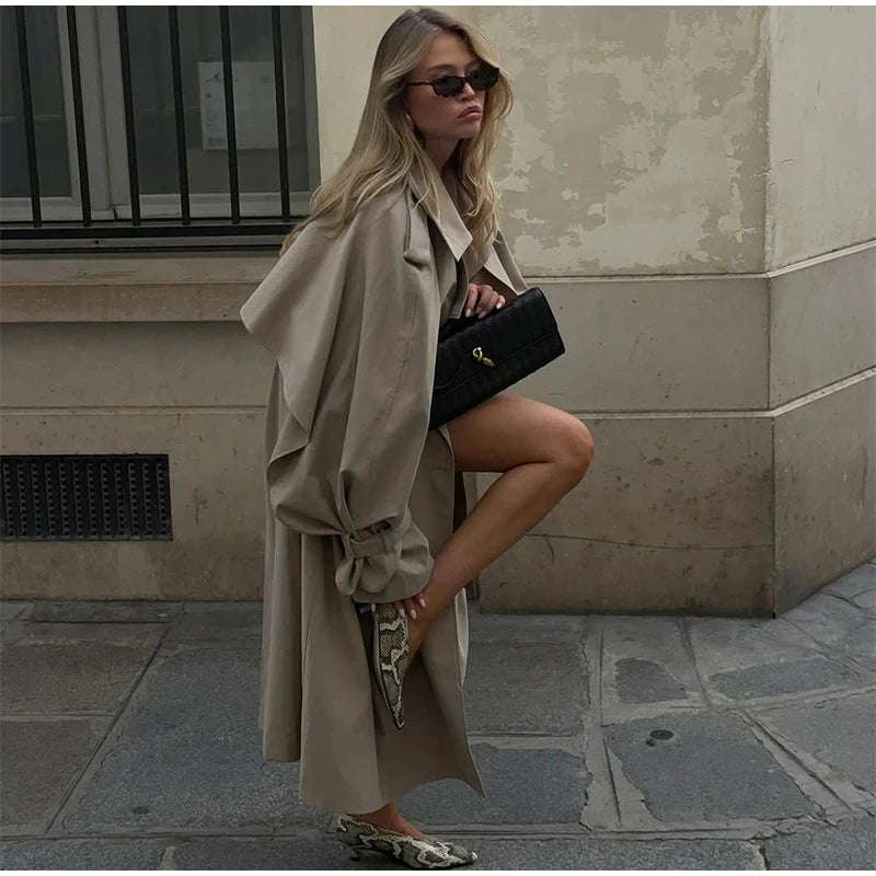 Casual Lace Up Long Trench Coat Women Chic Solid Color Full Sleeve Lapel Windbreaker 2026 Fall New Fashion Loose Commute Jackets