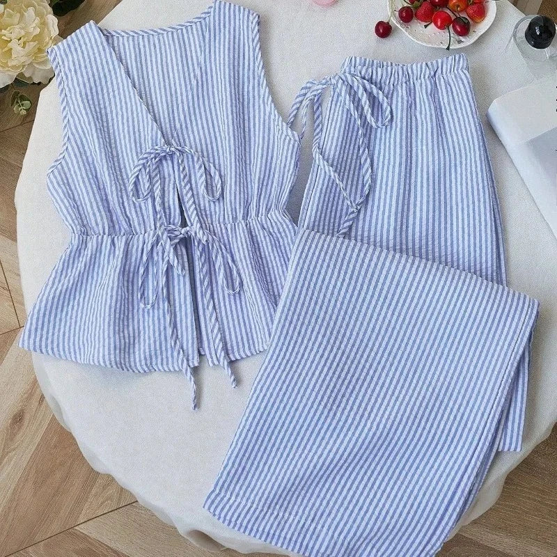 UNXX Summer Solid Color Striped Suit Casual Lace All-match Vest Loose Lace Trousers Sweet Suit Women's Business Two-piece Set