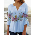 Floral Print Collar Short Sleeve Pleated Tshirt Women's Fashionable Printed Top Seven-Quarter Sleeve Hoodie for Ladies