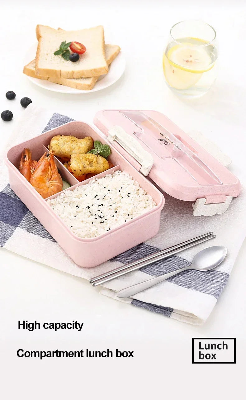 Microwave Lunch Box Wheat Straw Bento Box With Dinnerware Food Storage Container Children Kids School Office Portable Bento Box