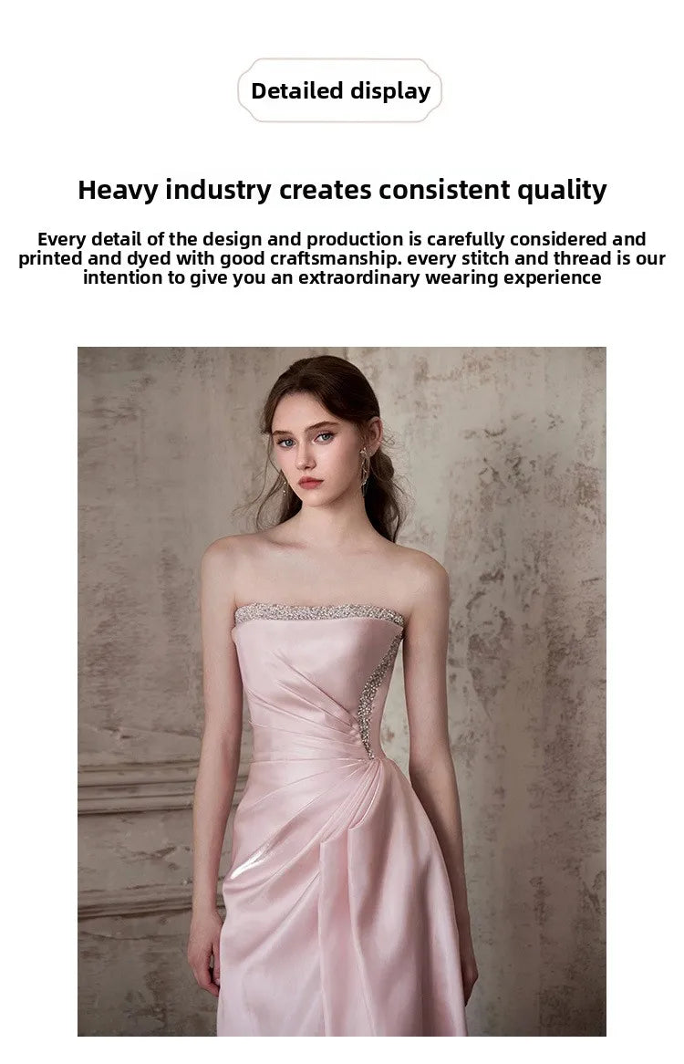 Pink Strapless French Evening Gown 2026 New High-end Annual Meeting Host Engagement Banquet Bride Toast Costume Customization