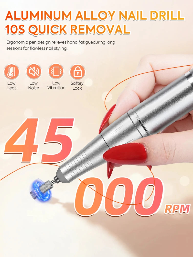 Electric Nail Drill File Professional 45000 RPM Rechargeable Nail Drill Machine Kit With Low Noise Nails Drill For Nail Art Tool