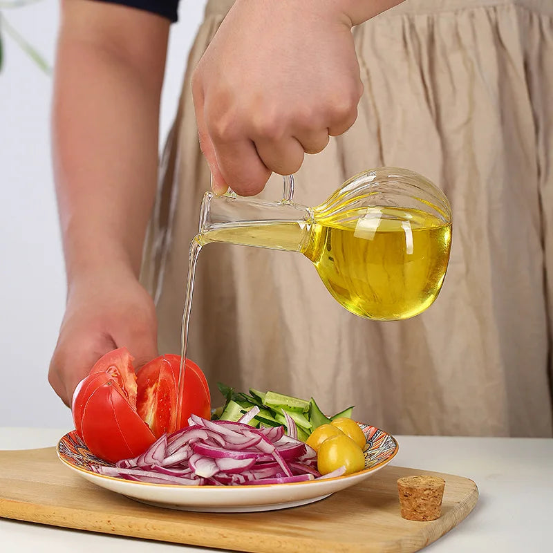 Household 300-350ml Heat-resistant Glass Oil Pot with Wooden Stand, Liquid Seasoning Bottle, Striped Sauce and Vinegar Oil Pot