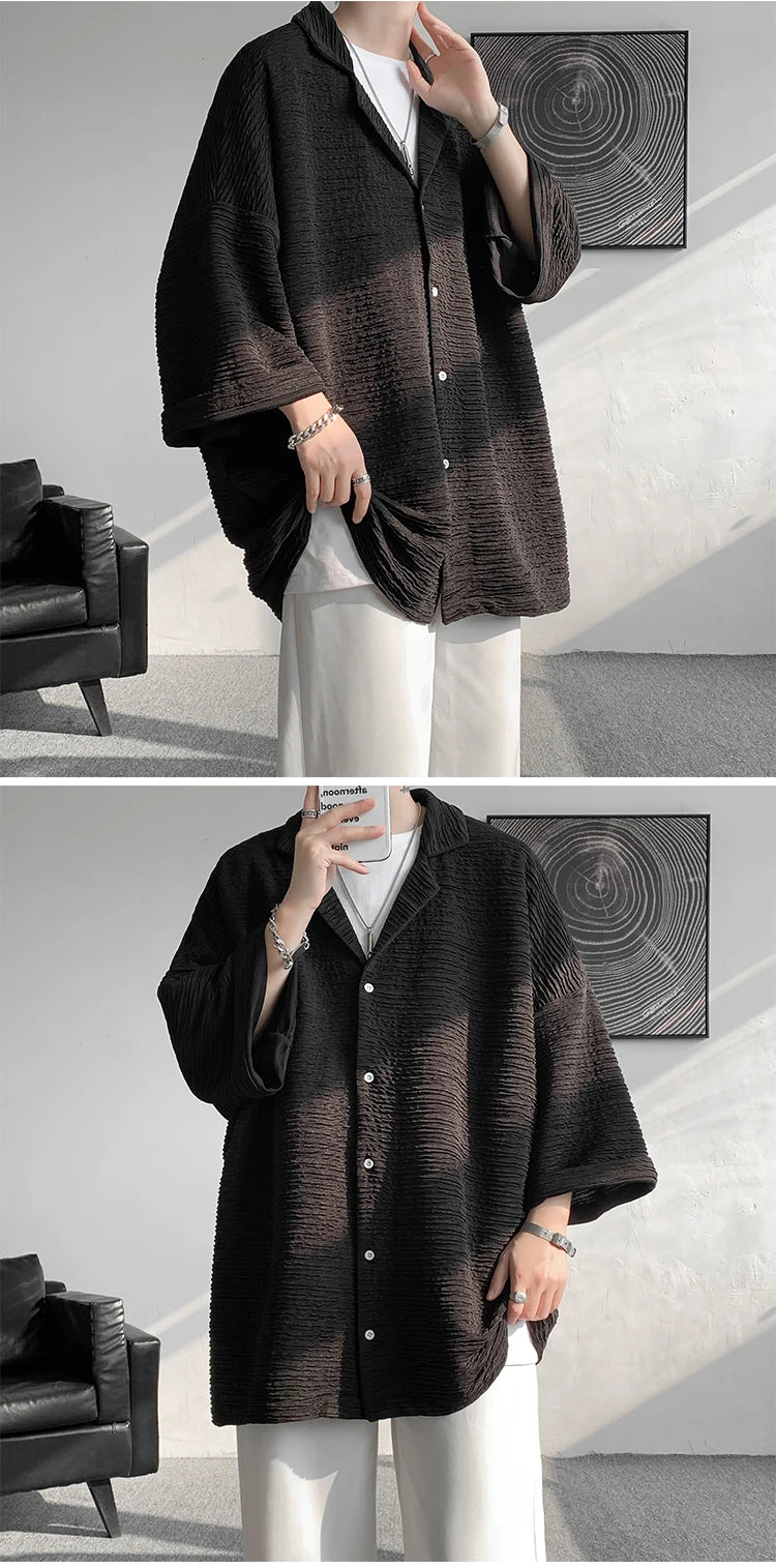 Ice Silk Shirt Men's High Quality Summer Fashion Brand ins 5-sleeve shirt loose casual masculina camisas hombre