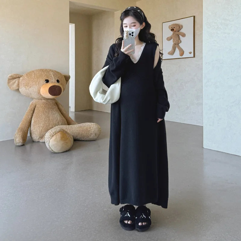 Maternity Suit  Autumn High-End Lazy Style Versatile Long Coat And Lace Paneled V Neck Straight Tank Dress Two Piece Set