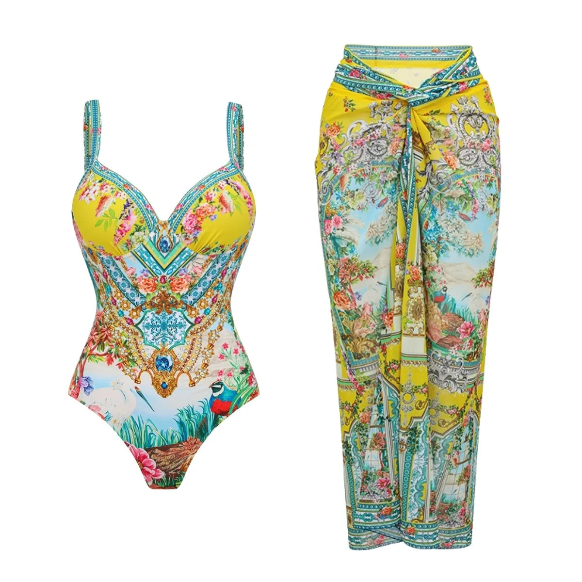 Retro Bikini Printed Fashion Two Piece Swimsuit And Cover Up With Skirt Tight Women's Bandage Summer Beach Luxury Elegant