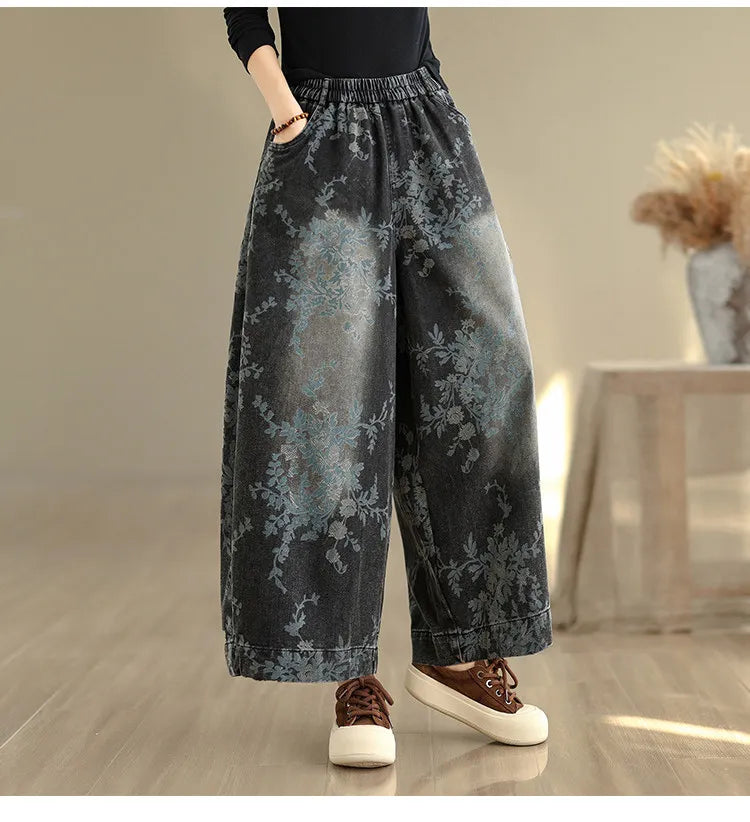 Spring Summer Retro Printed Denim Pants for Women Good Quality Elastic Waist Jeans Loose Casual Wide Leg Straight Trouser