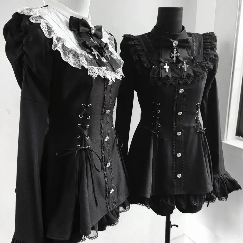 Gothic Lolita Two Piece Set with Bow, Y2K Aesthetic Flare Sleeve Mini Dress, Japanese Punk Style Party Co-ord Outfit