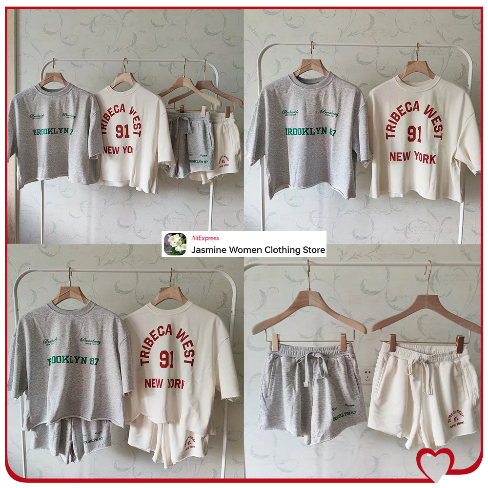 Plush Ensemble Femme 2 Piece COTTON Short Sets for Women Two Colors Text Print O-neck Sweatshirts + Mid Elastic Waistband Shorts