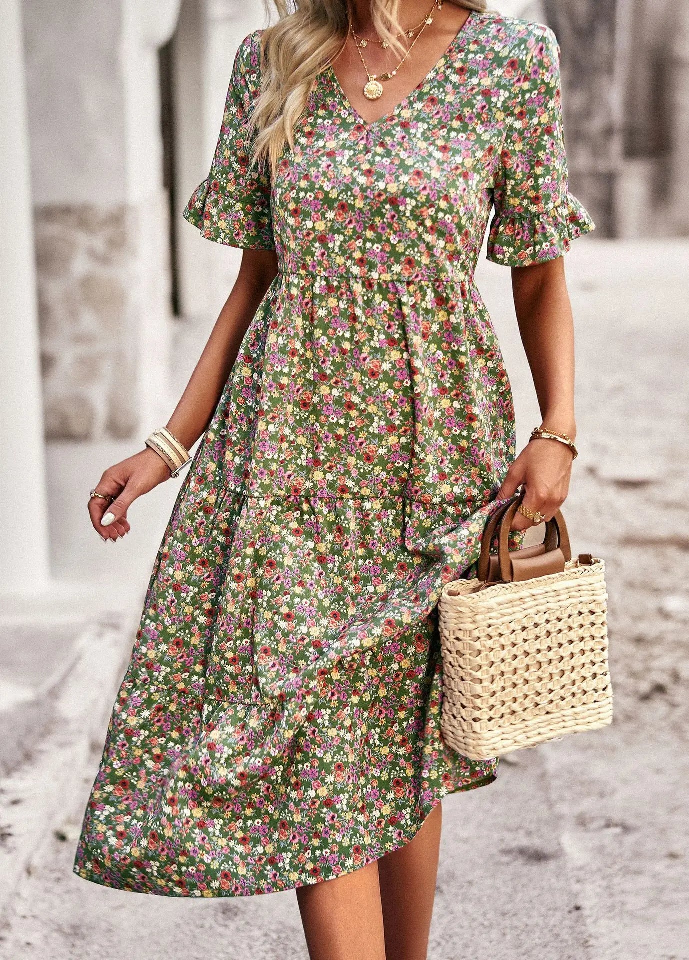 Msfilia Fashion V Neck Elegant Printed Dress Women Summer Short Sleeve High Waist A Line Floral Holiday Dresses
