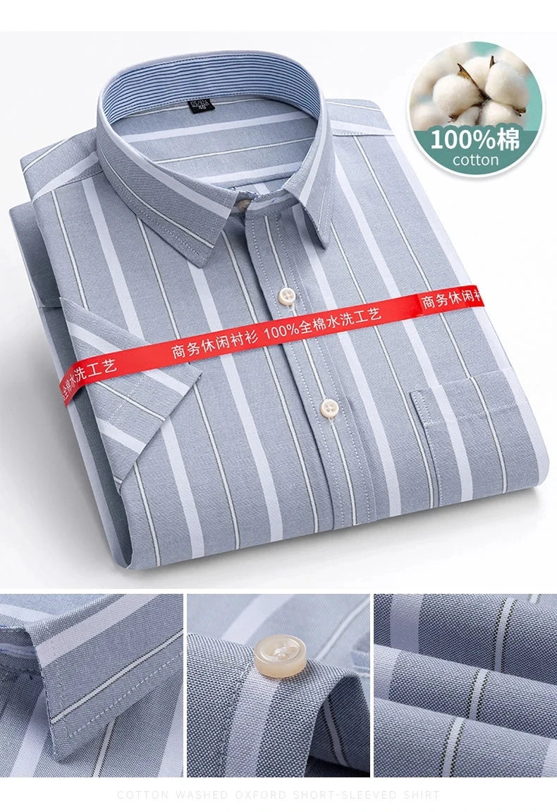 100%Pure Cotton Oxford Men's Shirts Short Sleeve Plaid Soft Regular Fit Formal Dress Shirt Social Blouse Male Clothes 6XL 7XL