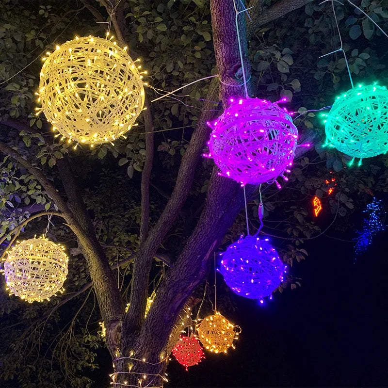 LED Light Christmas Festoon Rattan Ball Outdoor Hanging Fairy String for Yard Garden Tree Pendant Decoration
