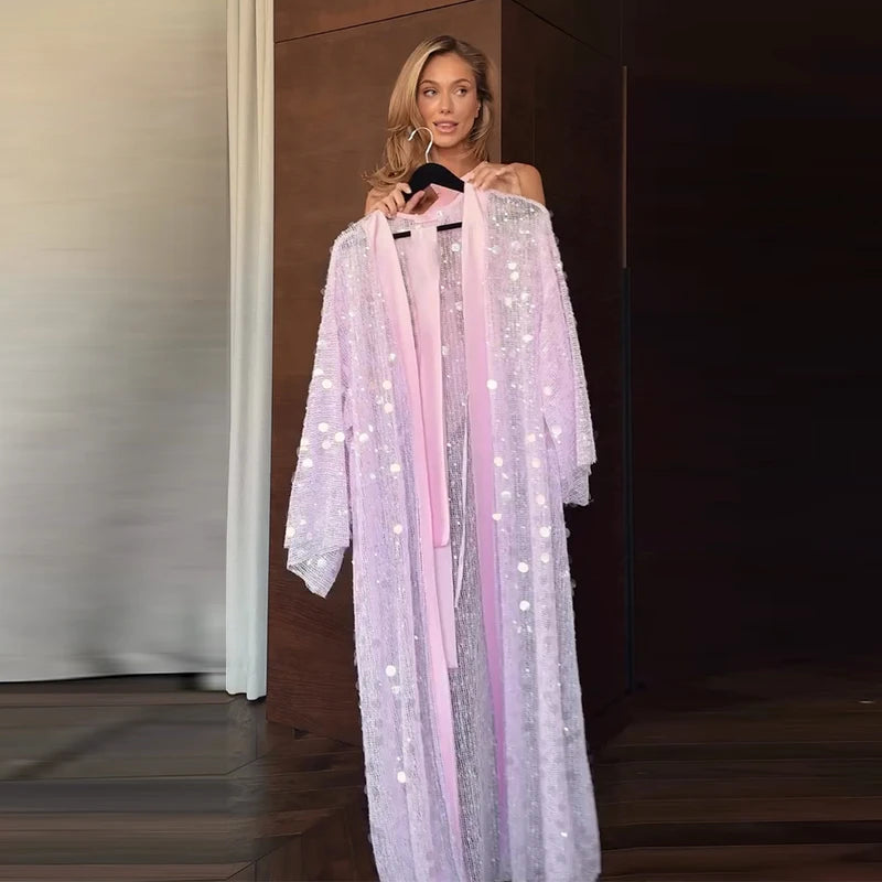 Sexy Sequined Women's Cardigan Dress Mesh Long Sleeve Loose Lace Up Ankle-Length Dresses 2026 Summer Chic Female Vacation Robe