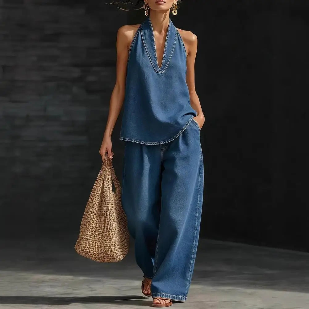 Women Sleeveless Denim Suit  Halter Denim Set For Women Sleeveless Tank Top And Wide Leg Pants Sets Summer Two Piece Outfits