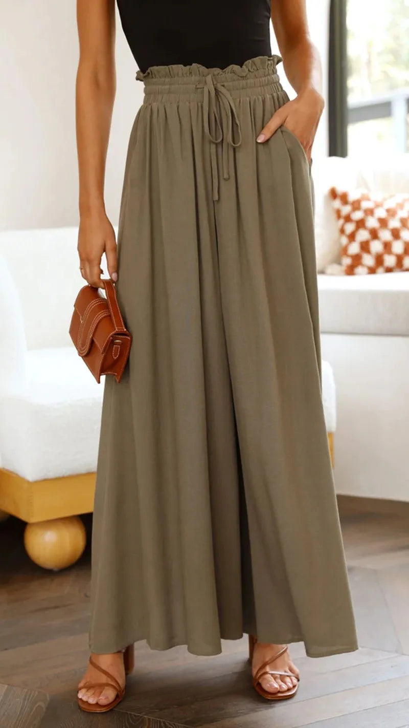 Women's Elastic Long Palazzo Pants Casual Urban Style Tie Detail Polyester Blend Woman Clothes Female Clothing Women's And