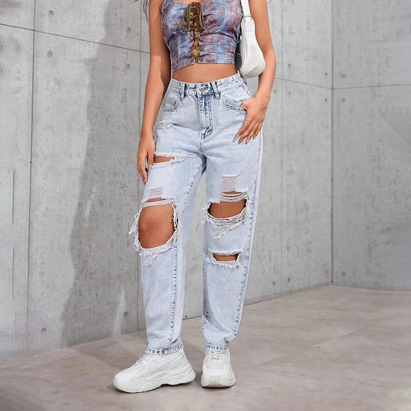 Women's Distressed Straight Leg Jeans Ripped Hole Denim Pants Casual Loose High Waist Street Style Trousers