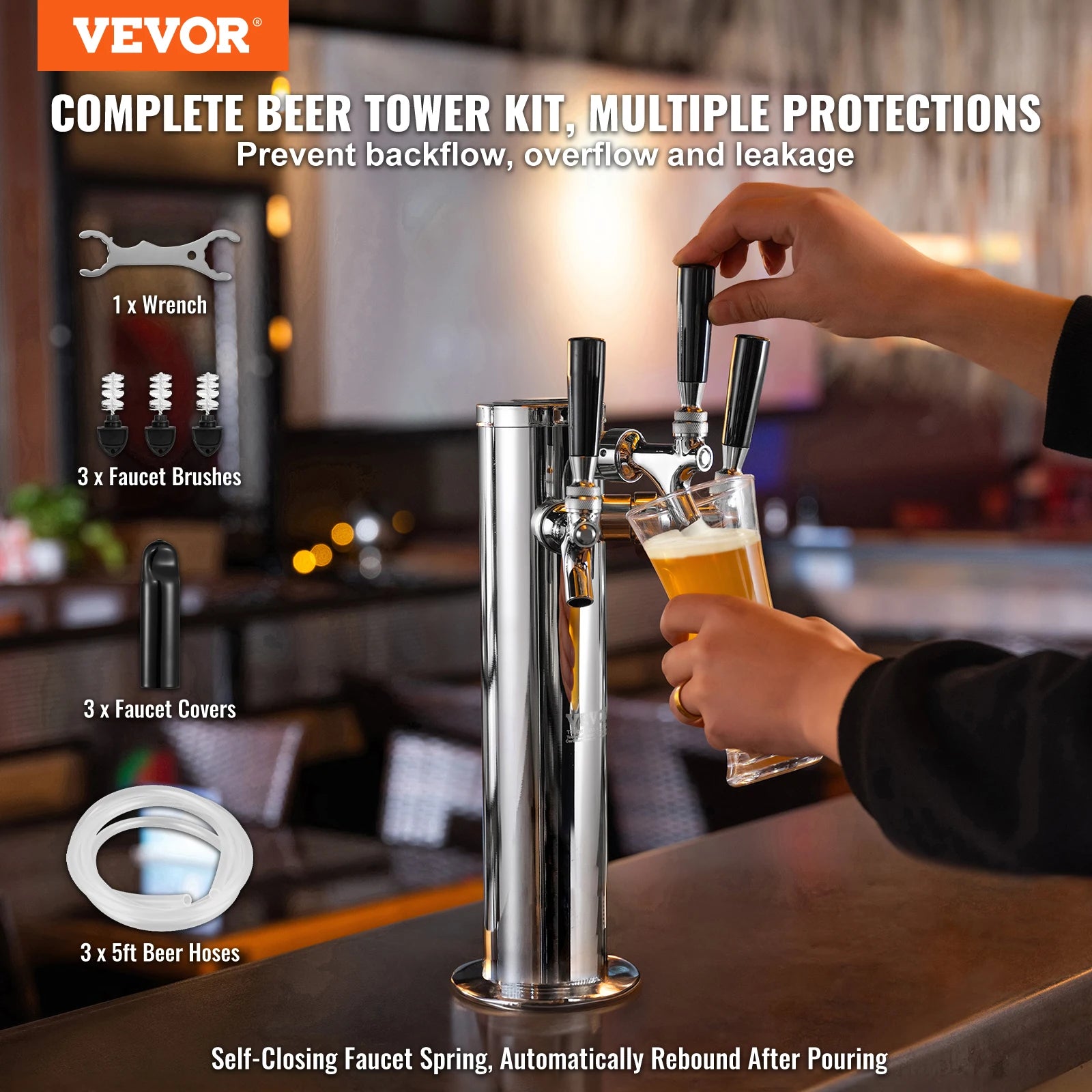 SucceBuy Triple Taps Draft Beer Tower Dispenser Stainless Steel Keg Beer Tower Kegerator Tower Kit Pre-Assembled Tubing for Bar