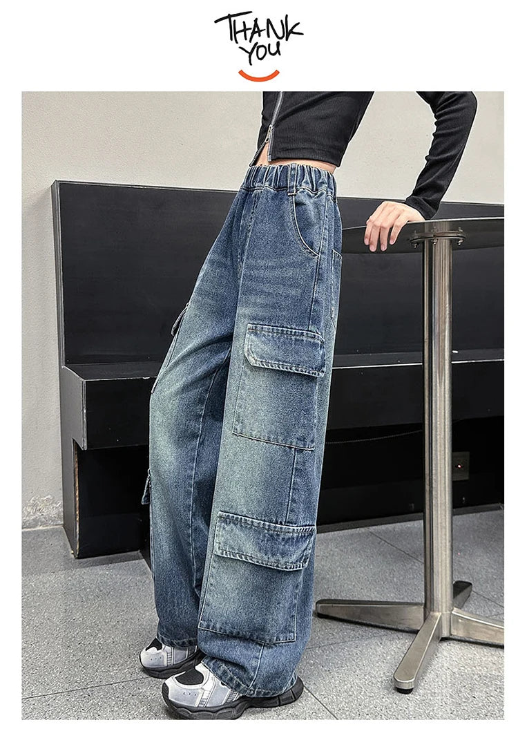 Kids Design Luxury Straight Leg Cargo Jeans with Multi Pocket for Teens Girl Cool Denim Pants Tweens Child Casual Jeans Trousers