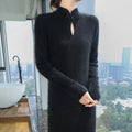 Women' 100%Pure Mink Cashmere Dress Stand-Up Collar Buckle Slim Knit Long Skirt Fashion High Waist Over The Knee Bottoming Dress