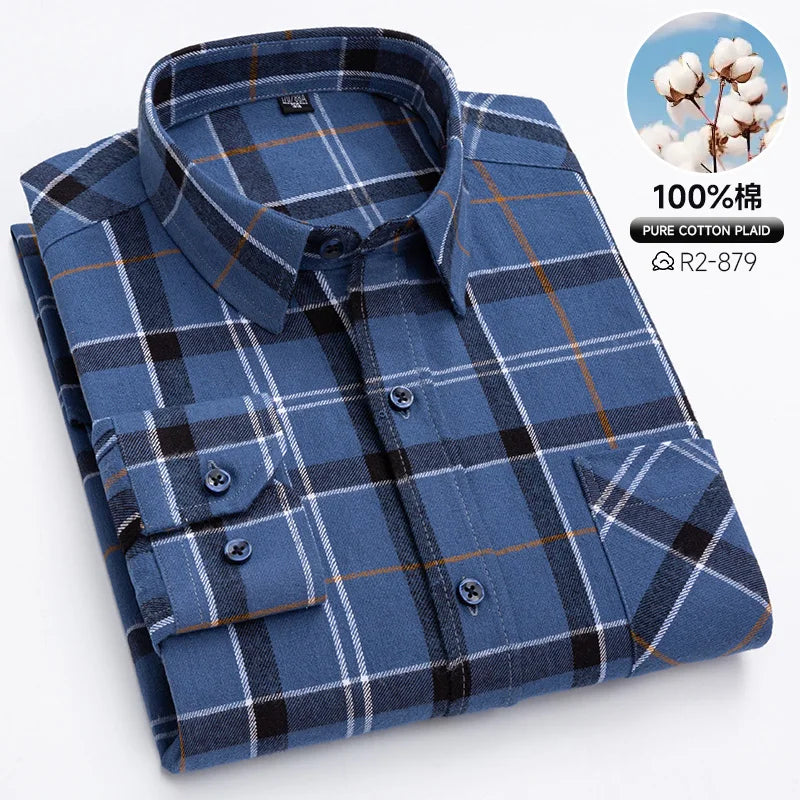 Classic Retro Plaid Flannel Shirt Long Sleeve 100% Cotton Fashion Casual Soft Spring Autumn Winter Standard Pocket Men's Shirt