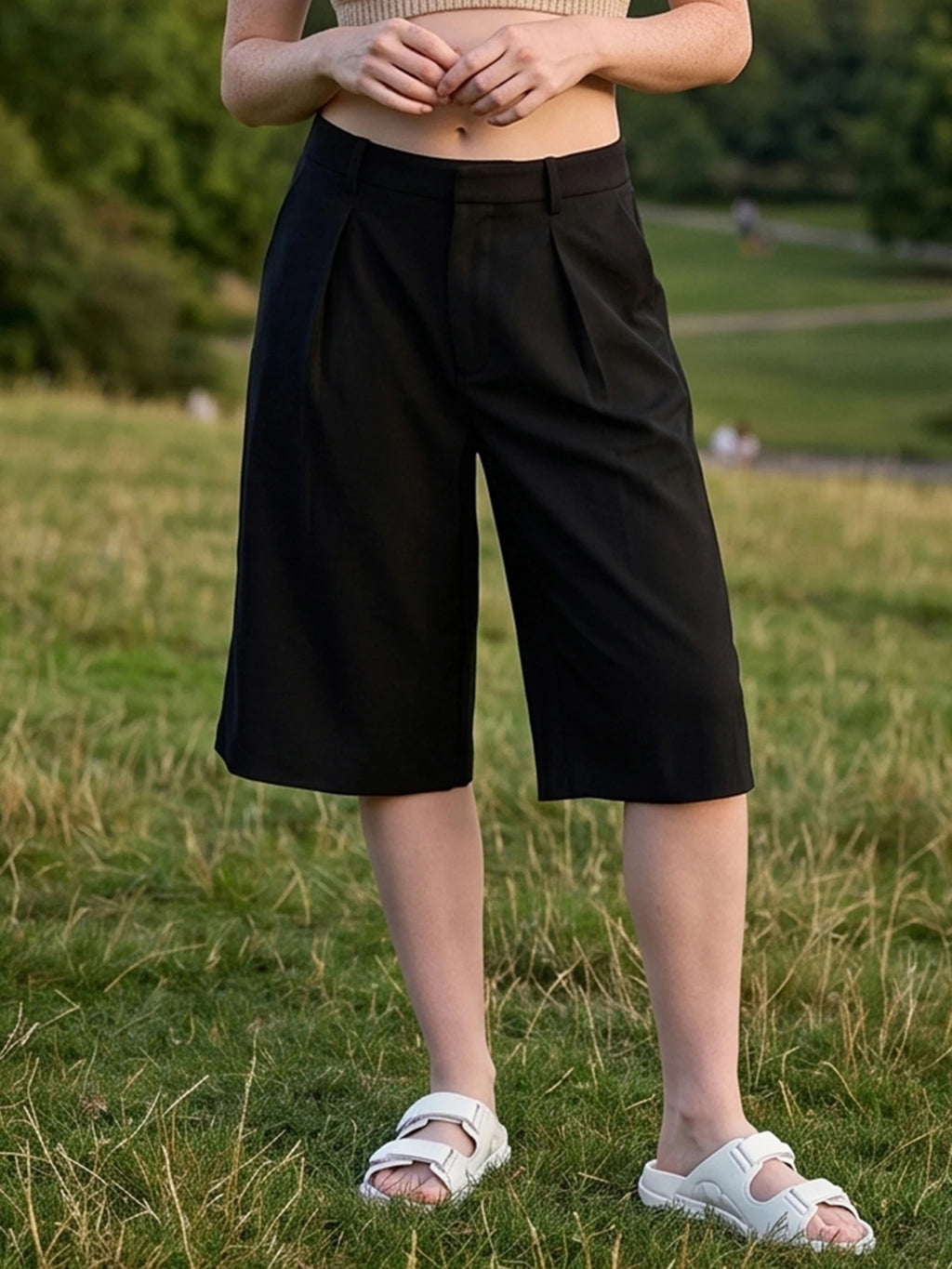2026 New Women's Summer Casual Solid Color Knee Length Shorts with Pockets Ladies Bermuda Shorts Sexy Low-Rise Wide-Leg Trousers