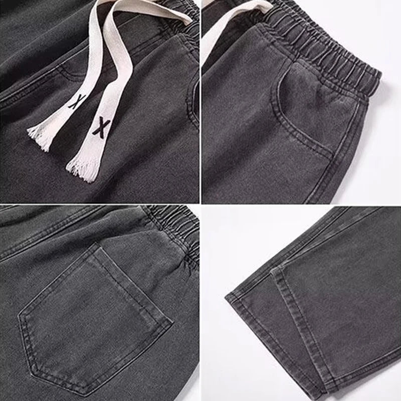 Black Vintage Men Jeans Spring Trend Straight Elastic Waist Wide Leg Denim Pants Male Daily High Street Comfortable Trousers