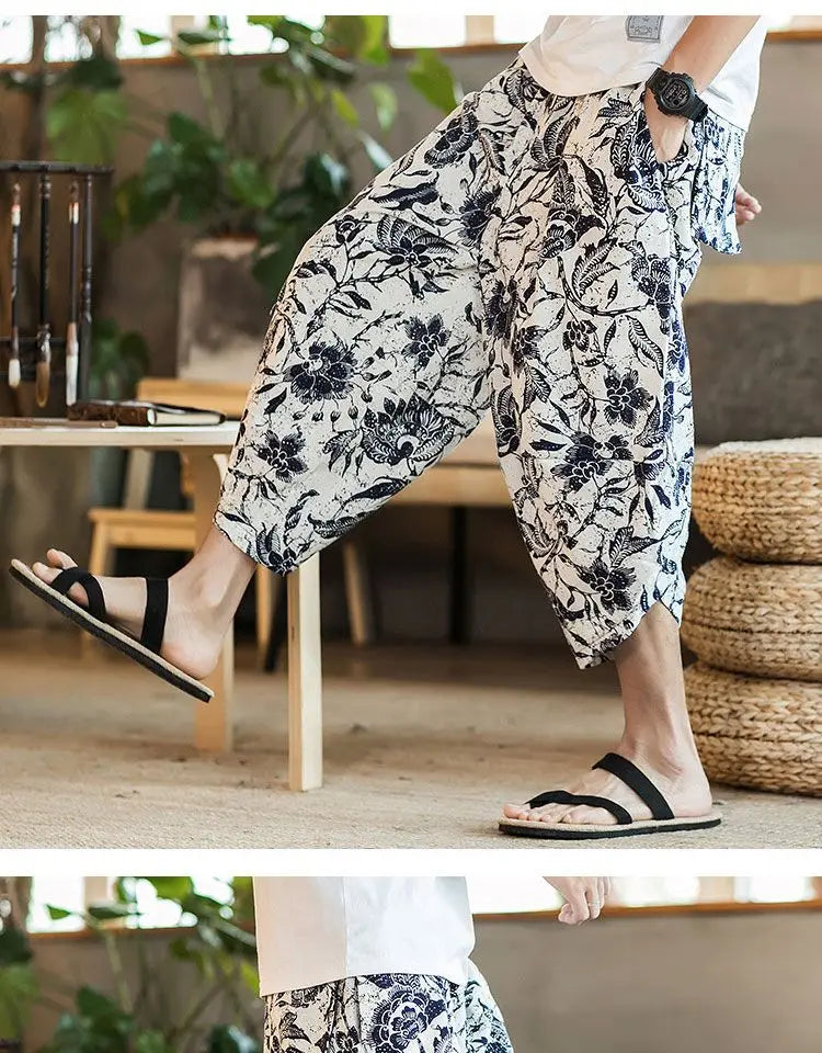 Men's Casual Cotton Linen Seven-Foot Pants Summer plus Size Lantern Loose Fit Shorts Harlan Style Comfortable Breathable Leis...