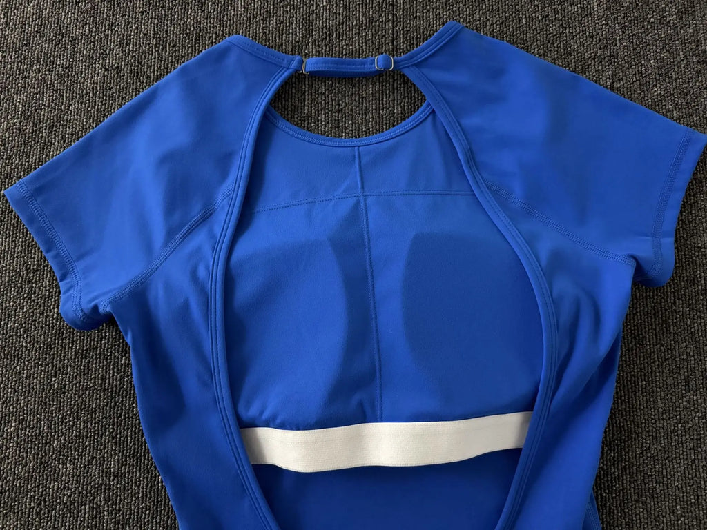 Women Short Sleeve Open Back Yoga Bodysuit Squat Proof Short Jumpsuit Gym Pilates Running Workout Fitness Sport Activewear