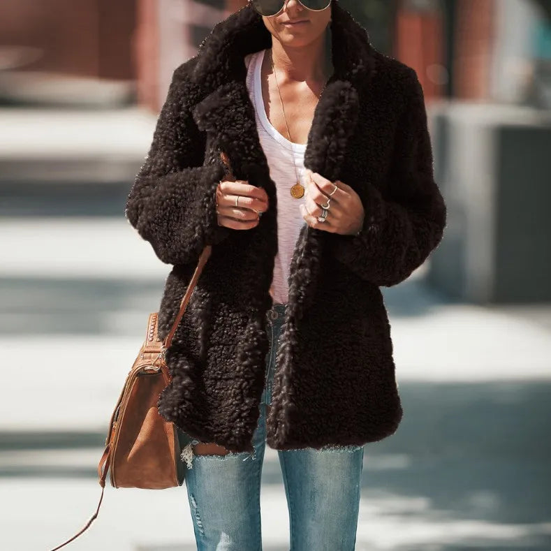 Autumn and Winter Loose Warm Plush Hot  Lapel Solid Color Long-sleeved Jacket Cardigan Europe and America 2025