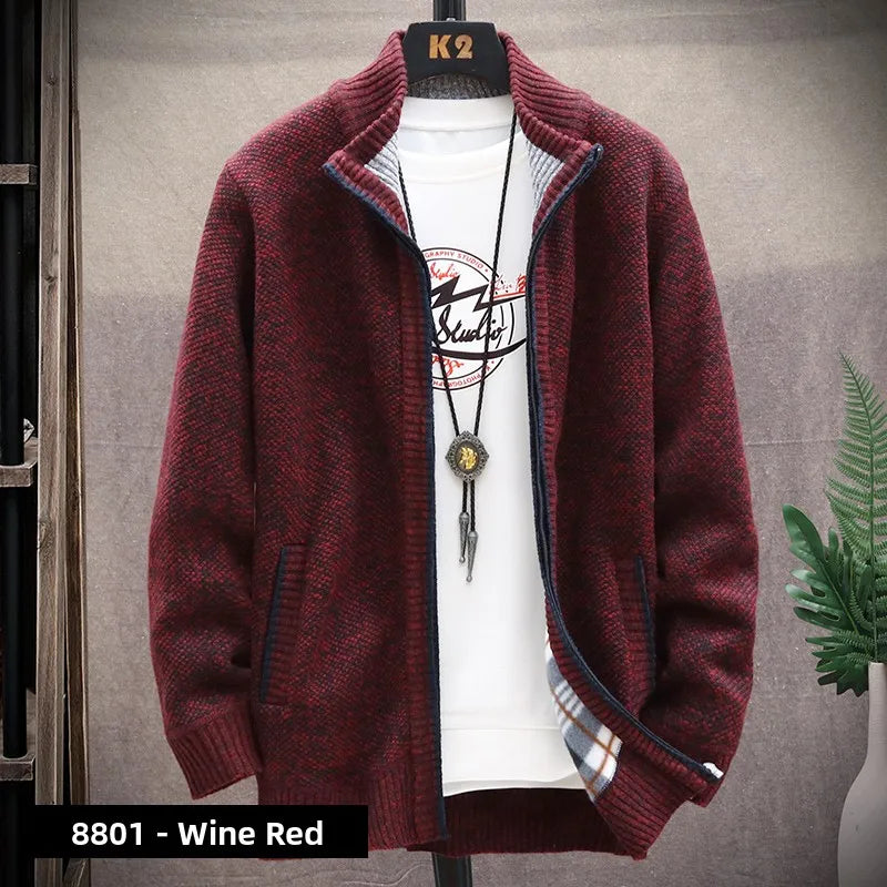 Men's Knitted Sweater Cardigan Thickened Fleece Hooded Casual Style Warm Outerwear Autumn Winter New Arrival Korean Version