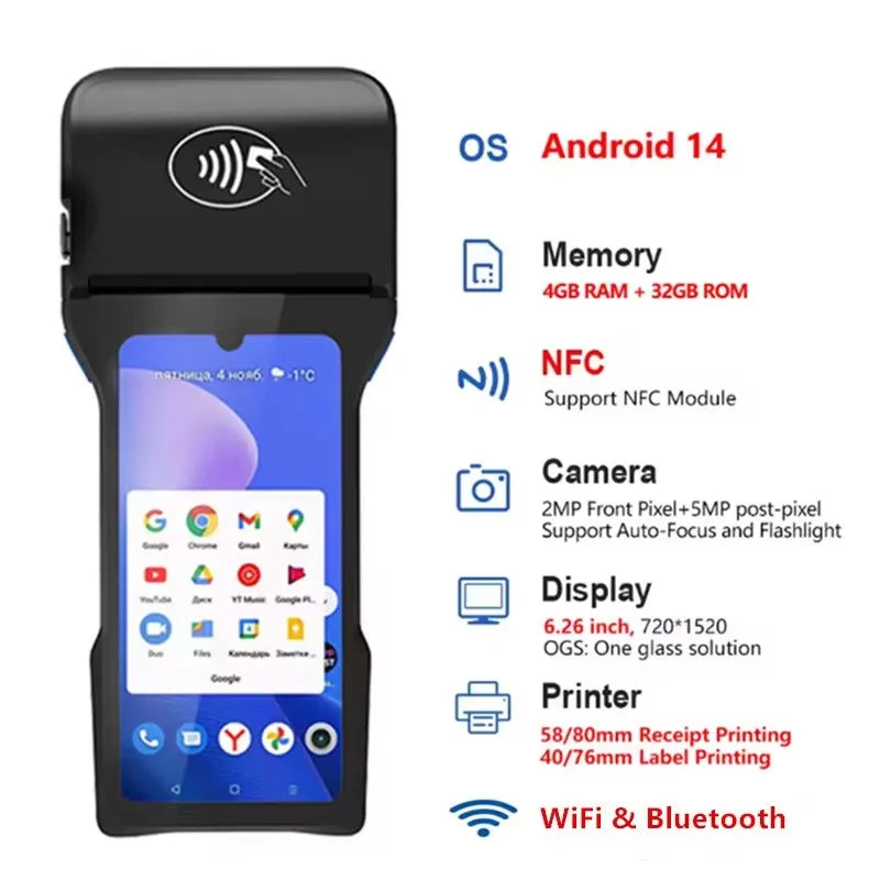 Android 14.0 Handheld POS Terminal Sales Point Cash Register with 6.26-inch Screen NFC Scanner 58/80mm Thermal Receipt Printer
