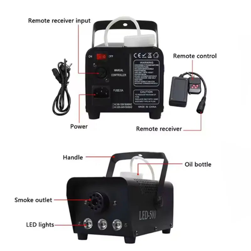 500W 3 LEDS Lights Smoke Machine RGB Remote Control Strobe Effect With Wired Controller&Wireless Remote Control for Party Show