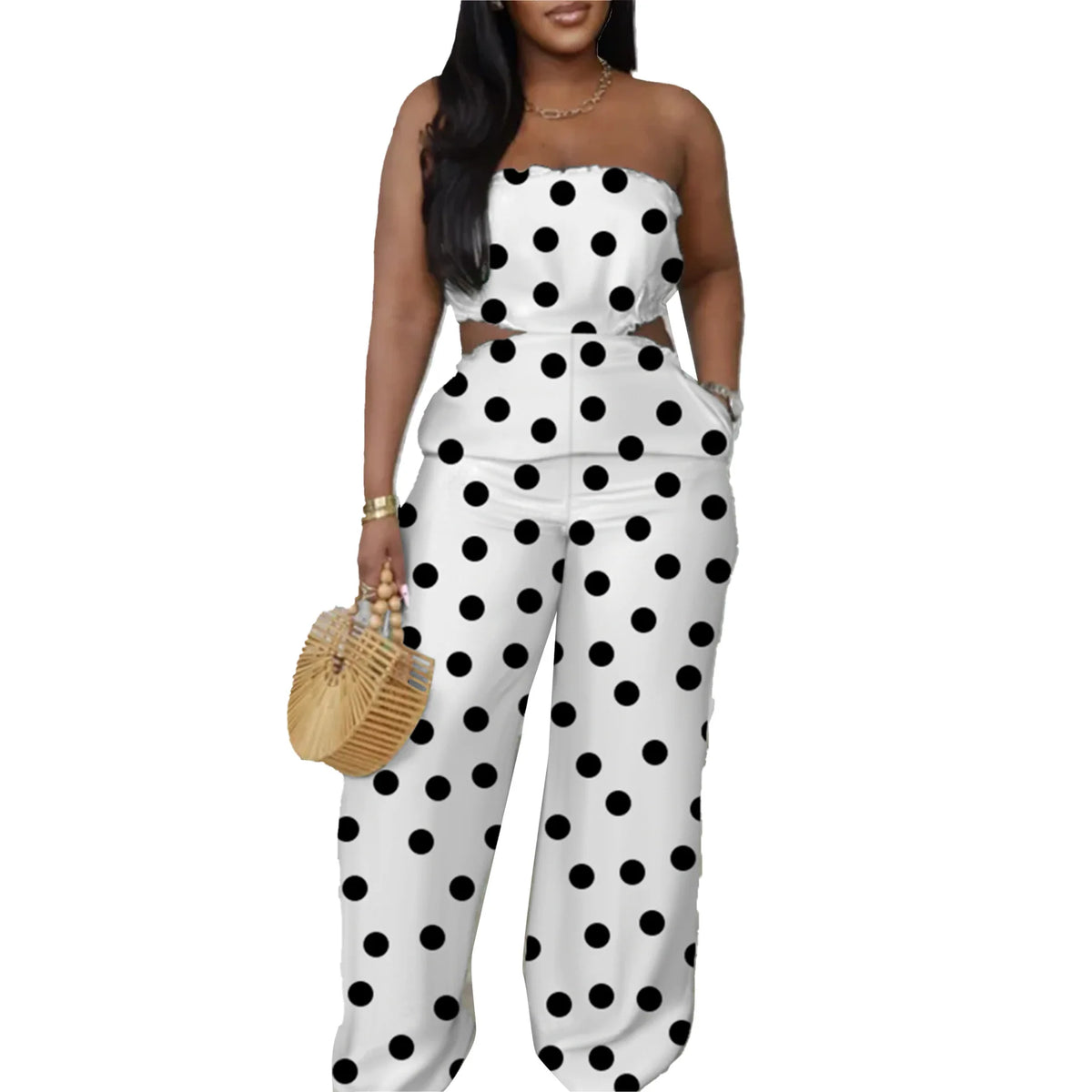 2025 Elegant Sleeveless Hollow Out Casual Style Women Tube Top with Wide-leg Jumpsuit Long Pants