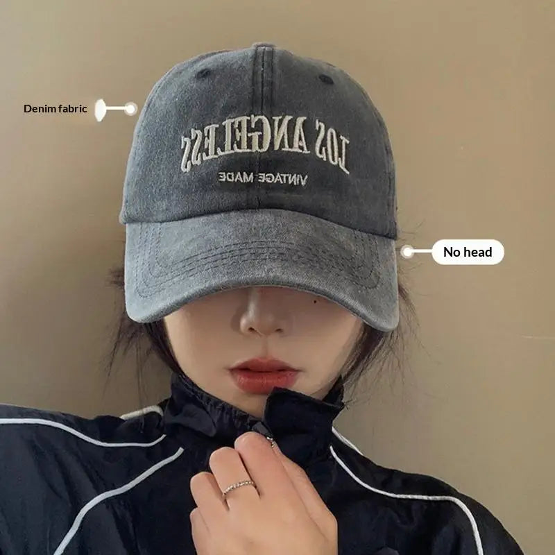 Retro Baseball Cap For Women Summer Washed Denim Letter Sun Hat Wide Brim Fashionable Duckbill Cap