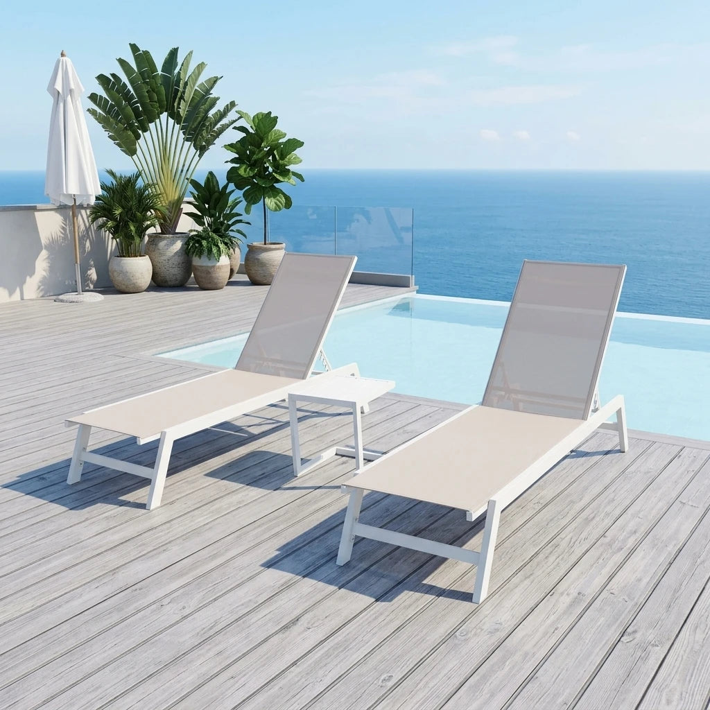 3PCS Aluminum Teslin Sun Lounger Set With Side Table Adjustable Backrest Outdoor Chaise Lounge Pool Garden Beach Hotel Sunbed