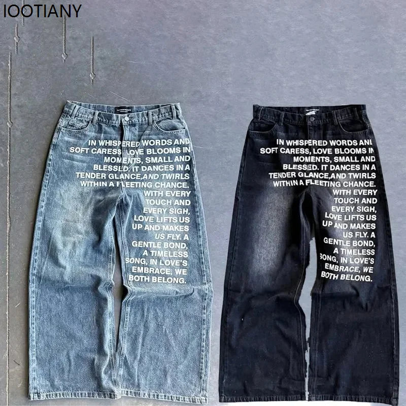 Vintage Letter Printed Women's Men's Jeans Y2k Harajuku Washed Wide Leg Jeans Loose Hip Hop Street Style Casual Mopping Pants