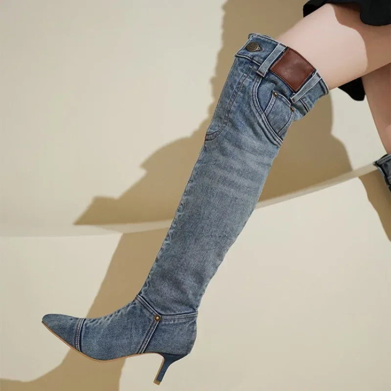 Denim Long Boots Women Knee Boots New 2025 Autumn Winter High Heels Retro Western Hot Girl Cowboy Boots Lady Modern Boot Botas