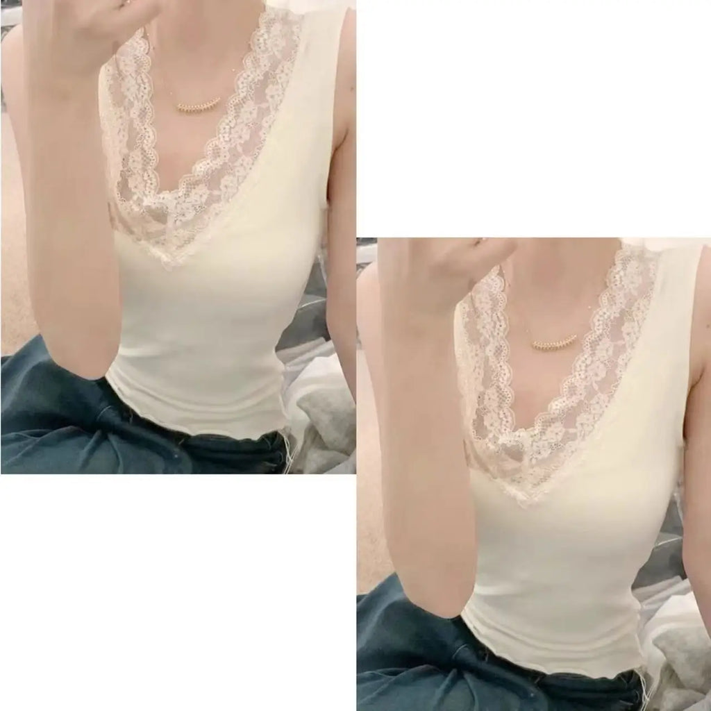 Spring Autumn Women's Slim Fit Lace Trim V-Ne Strap Vest Top Svel Inner Wear Base Layer Sweet Sle Elastic Fiber