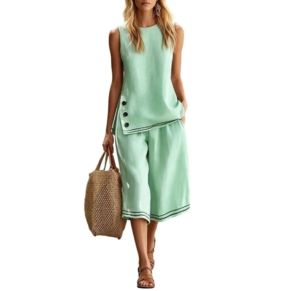 Women Two-Piece Set Soft Fabric Lounge Set Cotton Linen Sleeveless Vest ＆ Wide Leg Pants Suit Summer 2 Piece Sets Women Outfits