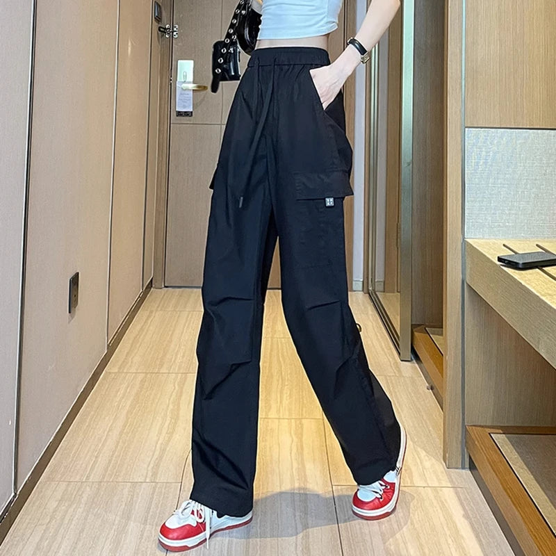 Fashion Women Joggers Pants Casual Female Chic Straight Cargo Pants Elastic High Waist Streetwear Slim Trousers Summer Thin