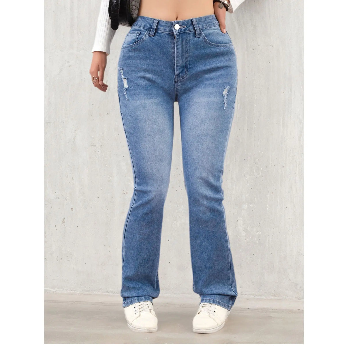 Women's denim pants suitable for all seasons light blue simple casual fashionable versatile elastic perforated flared pants