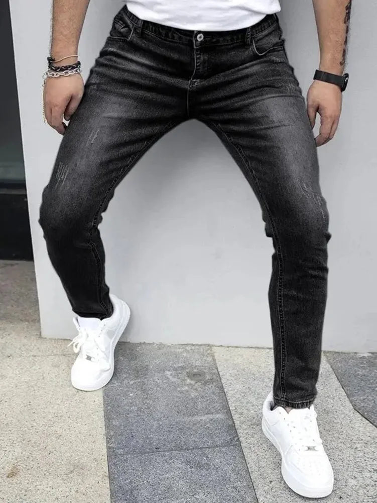 2025 Men's Slim Four-Season Washed Fashion Jeans Stretch Slim Fit Light Blue Gray Black Casual Denim Pants