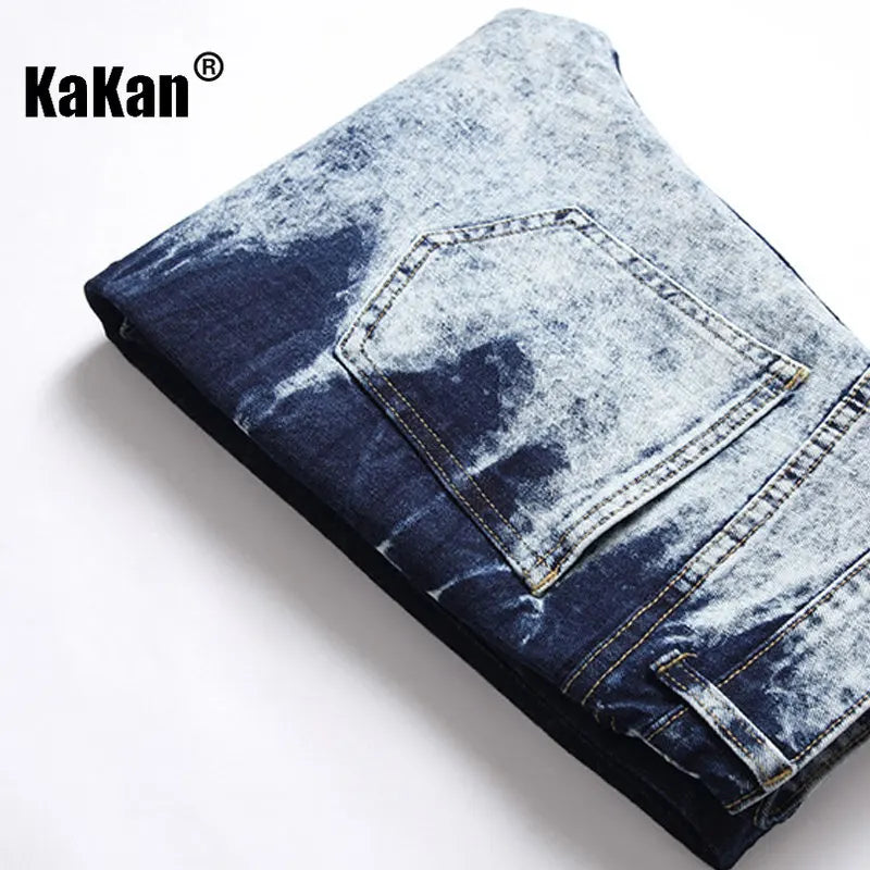 Kakan - New European and American Elastic Slim Fit Jeans for Men, High Street Novelty Deep Blue Long Jeans K36-L007